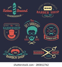 Vector set of vintage hipster barbershop logos. Hairdresser badges or emblems collection.