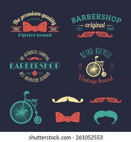 Vector set of vintage hipster logos. Retro icons collection of bicycle, moustache etc.