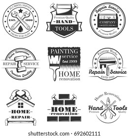 Vector set of vintage home repair, painting service, plumbing service logos, emblems, badges, labels isolated on white background. Typography design for home renovation business advertising.