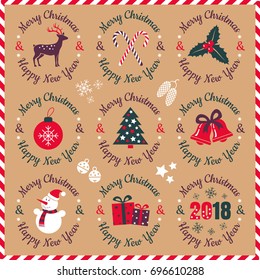 Vector set vintage icons for Christmas and New year. Vintage Christmas emblems.