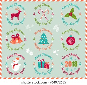 Vector set vintage icons for Christmas and New year. Vintage Christmas flat logos 2018.