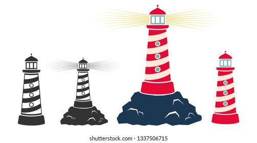 Vector set vintage icons of a lighthouse. Red and white lighthouse on the rock.