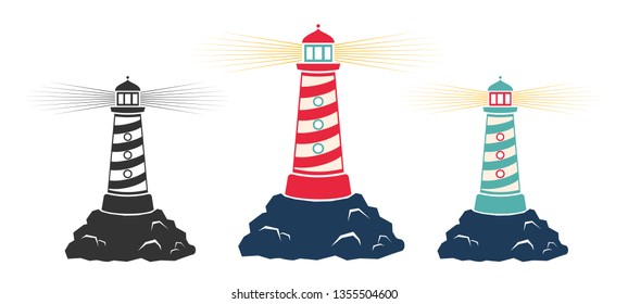 Vector set vintage icons of a lighthouse. Red, blue and white lighthouse on the rock.