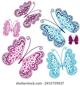 Vector set vintage isolated colorful pink and blue butterflies with balls for your design. Transparent background