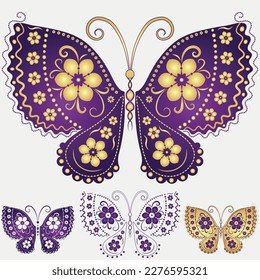 Vector set vintage isolated golden and gradient violet butterflies for your design