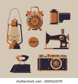 Vector set of vintage items: sewing machine, kerosine lamp, alarm clock, ancient iron, mechanical camera and film scroll.