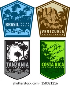 Vector set of Vintage Jungle Emblems of Brazil, Costa rica, Venezuela and Tanzania on Shields