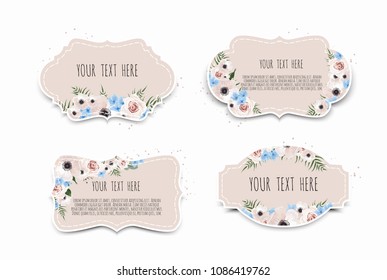 Vector set. Vintage labels with flowers. Frame border with copy space.