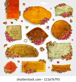 conjunto de vetores: etiquetas vintage com flores, textura de papel velho