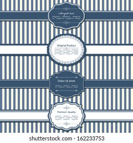 Vector set of vintage labels on stripped seamless background. Frames, ribbons and sample texts grouped separately for easy use.