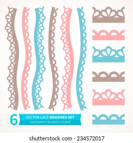 Vector set of vintage lace seamless border for invitation or greeting card. Used pattern brushes included