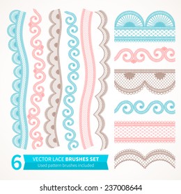 Vector set of vintage lace seamless border for invitation or greeting card. Used pattern brushes included