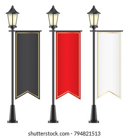 Vector set of vintage lamposts, with black, red and white advertising flags, isolated on backgorund. Mockups of vertical gothic flags, with golden elements, hanging on street lights.