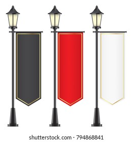 Vector set of vintage lamposts, with black, red and white advertising flags, isolated on backgorund. Mockups of vertical gothic flags, with golden elements, hanging on street lights.