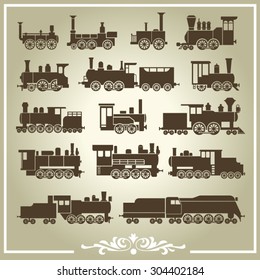 Vector Set of vintage locomotives on a brown background