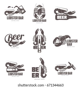 Barra de bogavante con el logotipo vintage. Comida marina, cerveza artesanal, alcohol, venta al aire libre, cervecería, bar, emblemas de tienda y etiqueta. Plantilla de diseño del logotipo corporativo de identidad de marca. Aislado sobre un fondo blanco