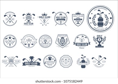 Vector set of vintage logos for golf club. Individual sports game. Monochrome emblems with balls, golf clubs, trophies, ribbons and crowns