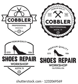 Vector set of vintage logos, labels, badges, emblems or logotypes elements for shoemaker, shoes shop and shoes repair. Isolated illustration.