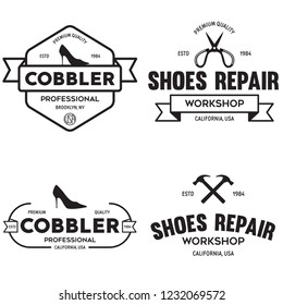 Vector set of vintage logos, labels, badges, emblems or logotypes elements for shoemaker, shoes shop and shoes repair. Isolated illustration.