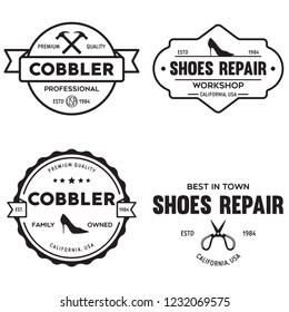 Vector set of vintage logos, labels, badges, emblems or logotypes elements for shoemaker, shoes shop and shoes repair. Isolated illustration.