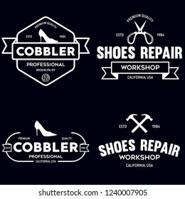 Vector set of vintage logos, labels, badges, emblems or logotypes elements for shoemaker, shoes shop and shoes repair. Isolated illustration.