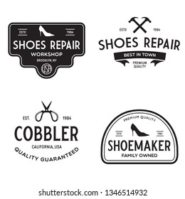 Vector set of vintage logos, labels, badges, emblems or logotypes elements for shoemaker, shoes shop and shoes repair. Isolated illustration.