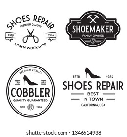 Vector set of vintage logos, labels, badges, emblems or logotypes elements for shoemaker, shoes shop and shoes repair. Isolated illustration.