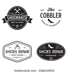 Vector set of vintage logos, labels, badges, emblems or logotypes elements for shoemaker, shoes shop and shoes repair. Isolated illustration.