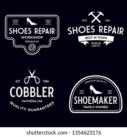 Vector set of vintage logos, labels, badges, emblems or logotypes elements for shoemaker, shoes shop and shoes repair. Isolated illustration.