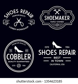 Vector set of vintage logos, labels, badges, emblems or logotypes elements for shoemaker, shoes shop and shoes repair. Isolated illustration.