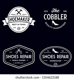 Vector set of vintage logos, labels, badges, emblems or logotypes elements for shoemaker, shoes shop and shoes repair. Isolated illustration.