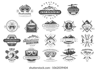 Vector set of vintage logos for ski club. Snowboarding championship. Monochrome emblems of tournament. Extreme winter sport. Mountain camping. Outdoor activity