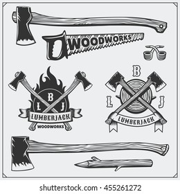 Vector set of vintage Lumberjack logos, labels, emblems and design elements. Axes and saws.