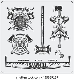 Vector set of vintage Lumberjack logos, labels and emblems. Axes and saws.