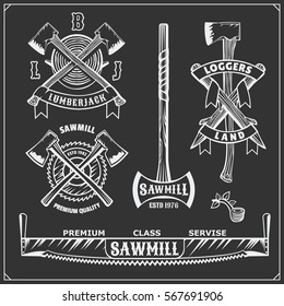 Vector set of vintage Lumberjack logos, labels, emblems and design elements. Axes and saws.