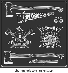 Vector set of vintage Lumberjack logos, labels, emblems and design elements. Axes and saws.