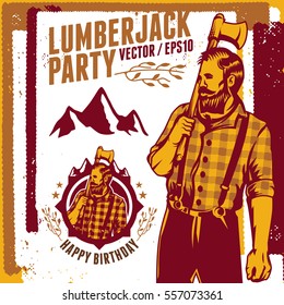 Vector set of vintage Lumberjack party icons element. Templates, labels, icons and wraps. Trendy Hipster Tartan and Gingham Patterns. Isolated. Suitable for any print and on-line media need.