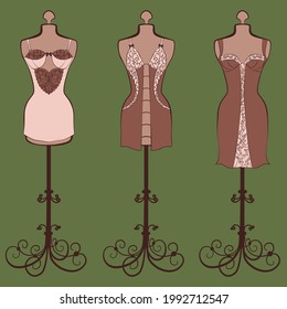 Vector set of vintage mannequins with clothes. Mannequins with female retro underwear. Fashion illustration. Linear style drawing in beige color