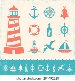 Vector set vintage marine icons on old background