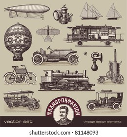 vector set: vintage means of transportation - variety of old-fashioned illustrations