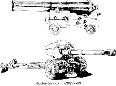 the vector set vintage modern guns drawn in ink by hand on a white background