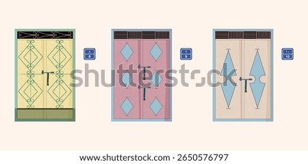 Vector Set of Vintage Moroccan or Arabic Metal Doors with Blue House Number Signs.