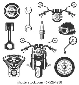 Vector set of vintage motorcycle symbols, icons isolated on white background. Black templates for logos and print.