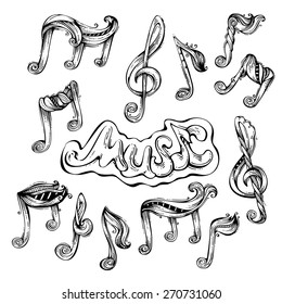 Vector set of vintage music icons. Black hand-drawn music symbols isolated on white background.
