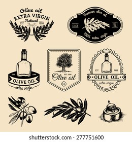 Vector set of vintage natural olive production logos. Retro hand sketched extra virgin oil signs, badges collection with farm elements.