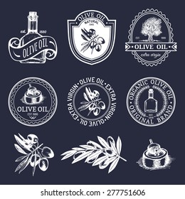 Vector set of vintage natural olive production logos. Retro hand sketched extra virgin oil signs, badges collection with farm elements.