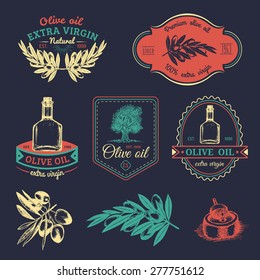 Vector set of vintage natural olive production logos. Retro hand sketched extra virgin oil signs, badges collection with farm elements.