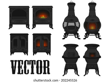 Vector set of vintage (old) cast iron mantles with realistic fire