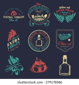 Vector set of vintage olive production logos. Retro hand sketched natural extra virgin oil signs collection with farm elements.