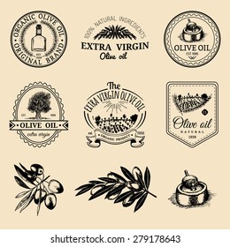 Vector set of vintage olive production logos. Retro hand sketched natural extra virgin oil signs collection with farm elements.